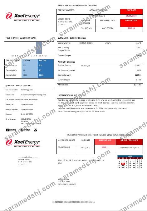 USA Colorado XcelEnergy electricity business utility bill template in Word and PDF formats, version 3